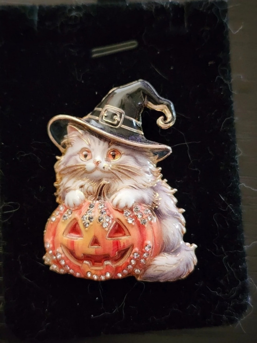 Cat Pumpkin Witch Brooch in Orange & Black